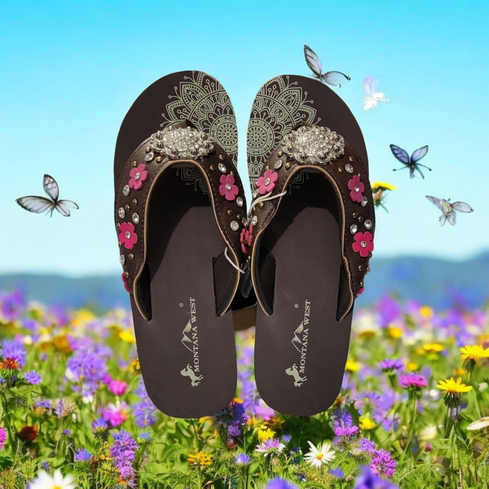 Montana West Women's Brown and Pink Embellished Sandals